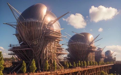 airships,futuroscope,futuristic landscape,futuristic architecture,ecotopia,arcology,cube stilt houses,scandia gnomes,cryengine,stilt houses,airship,arenanet,biospheres,spaceports,skyreach,ringworld,spires,futuristic art museum,spaceport,3d render