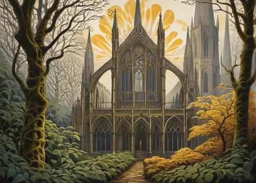 cathedral,haunted cathedral,nargothrond,gothic church,forest chapel,notredame,nidaros cathedral,hall of the fallen,rivendell,cathedrals,minster,church painting,gondolin,the cathedral,silmarillion,schuiten,erebor,schuitema,neogothic,thingol,Art,Artistic Painting,Artistic Painting 50