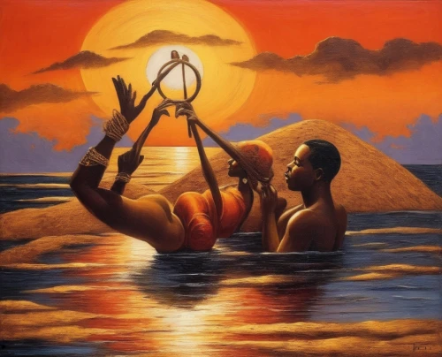 pescadores,indigenous painting,orishas,qabalah,bhagavatam,fishermen,khokhloma painting,voladores,khomam,man at the sea,oil painting on canvas,el salvador dali,mermen,aravan,iroquoians,umoja,oenomaus,parashuram,seafaring,oil painting,Illustration,Realistic Fantasy,Realistic Fantasy 21