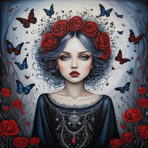 viveros,queen of hearts,persephone,red butterfly,gothic portrait,behenna,duenas,jasinski,gothic woman,passion butterfly,mystical portrait of a girl,vanderhorst,inamorata,black rose hip,lacrimosa,fantasy portrait,fantasy art,julia butterfly,scent of roses,blue moon rose,Illustration,Abstract Fantasy,Abstract Fantasy 14