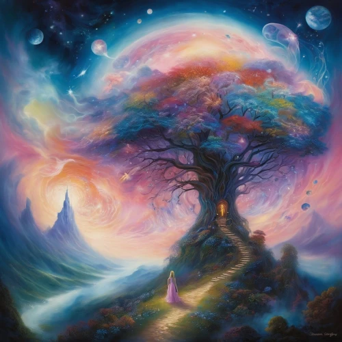 colorful tree of life,magic tree,tree of life,fantasy picture,celtic tree,fantasy landscape,fantasy art,flourishing tree,yggdrasil,the branches of the tree,dreamscapes,dreamscape,tangerine tree,the mystical path,dream art,fairy world,forest tree,mushroom landscape,beltane,mother earth,Illustration,Realistic Fantasy,Realistic Fantasy 37