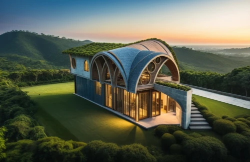 forest chapel,earthship,goetheanum,futuristic architecture,dreamhouse,house in the mountains,electrohome,house in mountains,beautiful home,luxury property,cubic house,roof landscape,modern architecture,cooling house,house of allah,roof domes,cube house,house in the forest,forest house,summer house,Photography,General,Natural