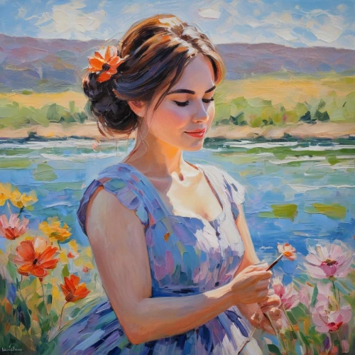 girl in flowers,girl picking flowers,girl on the river,flower painting,girl in the garden,oil painting,dmitriev,ilyin,beautiful girl with flowers,rahimov,primavera,pushkina,holding flowers,yandarbyev,vietnamese woman,daines,young woman,oil painting on canvas,splendor of flowers,zhulin,Conceptual Art,Oil color,Oil Color 10