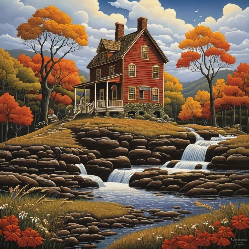 home landscape,fall landscape,autumn landscape,cottage,country cottage,rural landscape,autumn idyll,summer cottage,house in mountains,country house,farm house,water mill,watermill,house with lake,gantner,farm landscape,fisherman's house,robert duncanson,house in the forest,hildebrandt,Conceptual Art,Daily,Daily 33