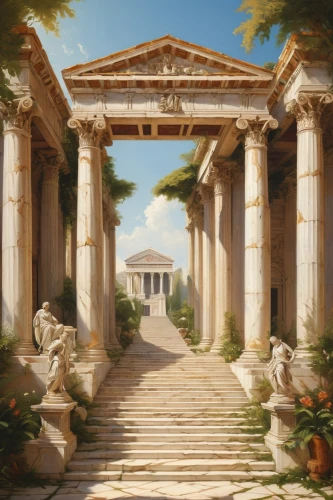 greek temple,artemis temple,leptis,zappeion,panagora,classical antiquity,metapontum,doric columns,caesonia,neoclassical,halicarnassus,three pillars,temple of diana,neoclassicism,ephesus,palmyra,house with caryatids,roman temple,pillars,zeugma,Art,Classical Oil Painting,Classical Oil Painting 40