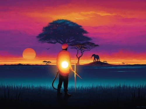 silhouette art,baobabs,world digital painting,dusk background,silhouette of man,art silhouette,lonetree,sunset,africa, silhouette,man silhouette,african art,silhouette,the silhouette,digital painting,lone tree,auriongold,landscape background,couple silhouette,coucher,Illustration,Realistic Fantasy,Realistic Fantasy 25