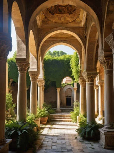 cloister,monastero,abbaye de belloc,monastery garden,cloisters,cloistered,abbaye,loggia,alhambra,villa balbianello,archways,cortile,monasteries,zelenay,villa d'este,villa cortine palace,monastery,courtyards,kykuit,inside courtyard,Illustration,Abstract Fantasy,Abstract Fantasy 10