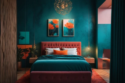 bedroom,guest room,blue room,3d render,bedside lamp,bedrooms,modern room,teal and orange,sleeping room,children's bedroom,guestroom,mahdavi,headboards,bed,modern decor,room lighting,contemporary decor,soir,bedchamber,headboard,Photography,General,Fantasy