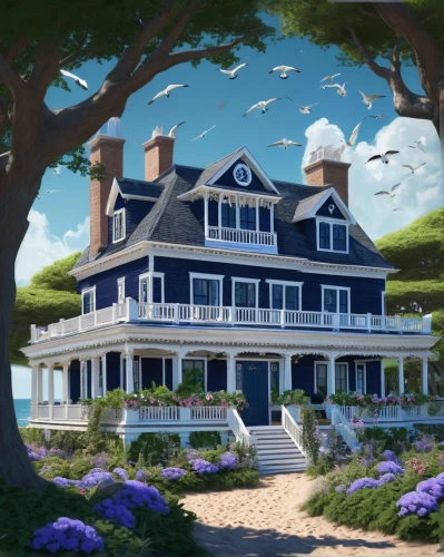 nantucket,house by the water,beach house,new england style house,dreamhouse,house silhouette,seaside country,maplecroft,summer cottage,hamptons,dunes house,sylvania,house of the sea,seaside resort,victorian house,beachfront,seahaven,edgartown,country estate,dandelion hall,Illustration,Realistic Fantasy,Realistic Fantasy 47