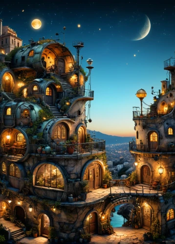 fantasy city,fantasy world,houseboats,fantasy landscape,fantasy picture,citadels,escher village,aurora village,hanging houses,fantasy art,floating huts,boardinghouses,dreamhouse,casbah,steampunk,dreamlands,ancient city,stilt houses,dream world,ecotopia,Photography,General,Fantasy