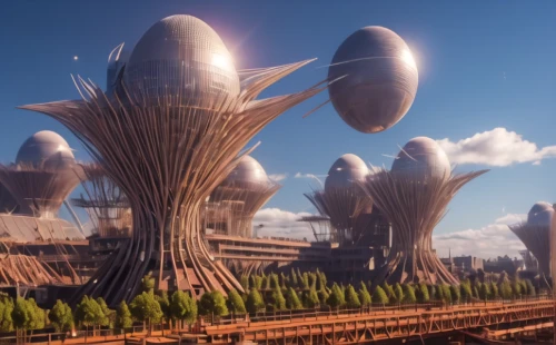 airships,futuristic landscape,mushroom landscape,ecotopia,arcology,lifeforms,ringworld,spheres,flying seeds,biospheres,alien world,sky space concept,futuristic architecture,alien planet,homeworlds,spaceport,cardassia,orduna,terraformer,skyreach