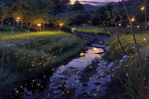 fireflies,summer evening,creek,fairy lanterns,bibury,summer meadow,evening atmosphere,nocturne,nasmith,streamside,night scene,small meadow,towpath,lanterns,meadow,dubbeldam,firefly,light of night,the night of kupala,moonlit night