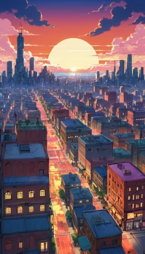 colorful city,horikoshi,flcl,evening city,ichigaya,cityscape,motorcity,dusk background,tokyo city,cybercity,skyline,ekonomou,susukino,akiba,monogatari,schuitema,city view,kotoko,fantasy city,aoyama,Illustration,Japanese style,Japanese Style 03