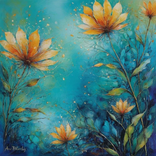 waterlilies,water lilies,flower painting,blue daisies,water lotus,white water lilies,waterlily,splendor of flowers,bright flowers,lotus flowers,chrysanthemum stars,carol colman,lilies,golden lotus flowers,water flowers,blue petals,oil painting on canvas,pond flower,daisies,boho art,Illustration,Paper based,Paper Based 15