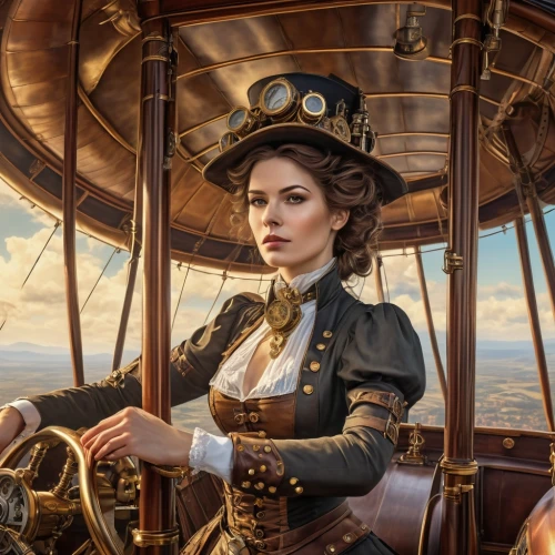 steampunk,steampunk gears,aviatrix,hornblower,yachtswoman,aboard,cocaptain,airship,capitaine,commandeer,victoriana,crewmember,petrova,seafaring,victorianism,skyship,merchantman,belle,celtic queen,girl on the boat