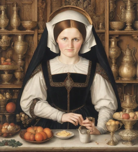 woman holding pie,woman eating apple,maidservant,girl with bread-and-butter,portrait of christi,girl in the kitchen,woman drinking coffee,bouguereau,postulant,clergywoman,tudor,netherlandish,girl with cereal bowl,foundress,scholastica,bellini,canoness,signora,woman with ice-cream,abbess,Digital Art,Classicism