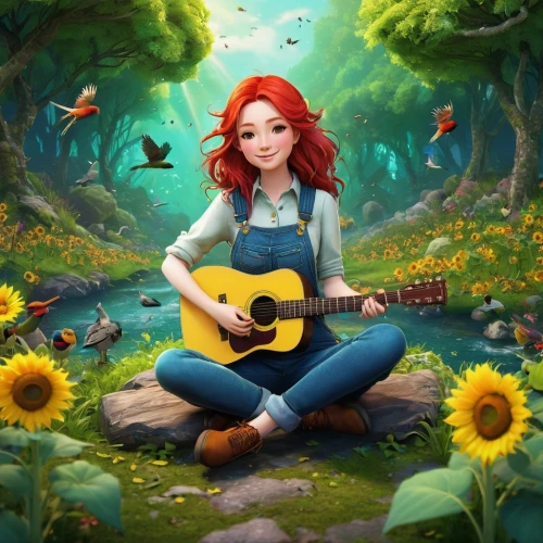 troubador,girl in flowers,troubadour,guitar,serenade,ukulele,playing the guitar,autumn songs,sheeran,musician,serenata,beautiful girl with flowers,guitar player,girl in the garden,concert guitar,merida,music background,girl picking flowers,flower background,children's background,Illustration,Abstract Fantasy,Abstract Fantasy 01