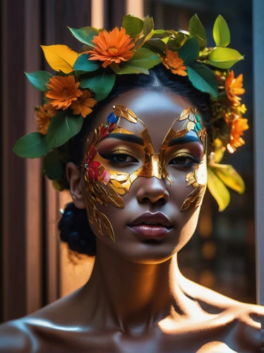 oshun,gold mask,golden mask,golden wreath,liberian,diwata,adornment,girl in a wreath,venetian mask,adorned,face paint,baoshun,african masks,masquerade,african woman,beauty mask,polynesian,ivorian,polynesian girl,golden flowers,Photography,Artistic Photography,Artistic Photography 08