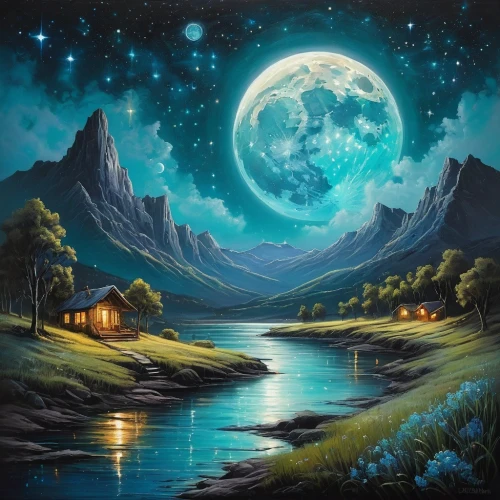 fantasy picture,fantasy landscape,landscape background,moon and star background,world digital painting,moonlit night,lunar landscape,herfstanemoon,fantasy art,night scene,dream world,moonscapes,moon at night,home landscape,starry night,dream art,hanging moon,blue moon,dreamscape,valley of the moon,Conceptual Art,Fantasy,Fantasy 15