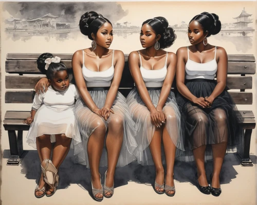 beautiful african american women,afro american girls,nubians,empresses,countesses,matriarchs,black women,oil painting on canvas,marvelettes,foremothers,daughters,supremes,queenship,priestesses,canonesses,transgenerational,muses,shirelles,heiresses,ancestors,Illustration,Paper based,Paper Based 30