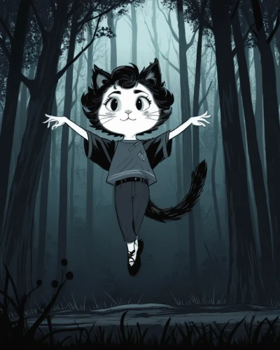 nepeta,poupard,morgana,moonstuck,kanaya,flying girl,ballerina in the woods,scampering,leaping,leap,jumping,leap for joy,halloween cat,boonmee,nyariki,feral,cat vector,tennekoon,jellicle,pyewacket,Illustration,Black and White,Black and White 12