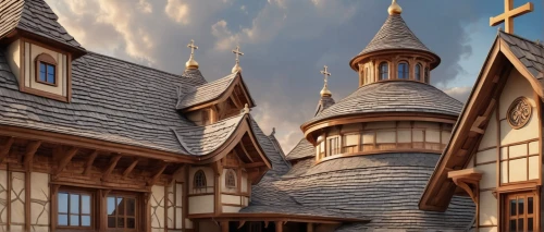 fairy tale castle,fairytale castle,wooden church,timbered,wooden houses,half-timbered house,half-timbered houses,witch's house,half timbered,witch house,rooflines,beautiful buildings,fantasyland,stave church,dormers,house roofs,chateaux,dreamhouse,maisons,crooked house,Illustration,Realistic Fantasy,Realistic Fantasy 43