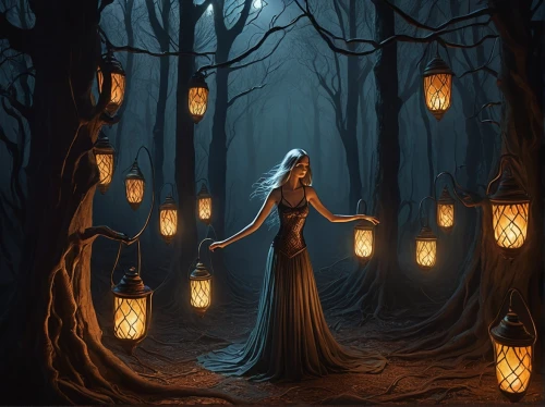 halloween illustration,galadriel,fantasy picture,lanterns,halloween background,sorceress,haunted forest,halloween wallpaper,samhain,fairy lanterns,sorceror,fantasy art,digital illustration,elven forest,sorceresses,luminarias,valar,mirkwood,halloween scene,world digital painting,Art,Artistic Painting,Artistic Painting 29