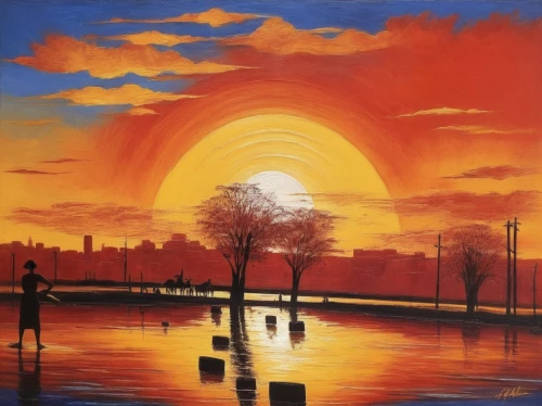 oil painting on canvas,dubbeldam,art painting,oil painting,3-fold sun,orange sky,red sun,oil on canvas,marciulionis,sun reflection,glass painting,rising sun,unset,golden sun,landscape background,galatasary,pintor,lake of fire,sun,painting technique,Illustration,Realistic Fantasy,Realistic Fantasy 21