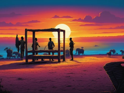 beach furniture,beach chairs,sunset beach,beach bar,dream beach,beach scenery,sunrise beach,beach restaurant,beach landscape,deckchairs,beach chair,paradise beach,cabarete,beach background,dark beach,bench by the sea,romantic scene,umbrella beach,lover's beach,summer evening,Illustration,Realistic Fantasy,Realistic Fantasy 25