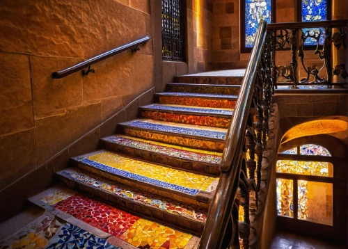 guell,escaleras,stairway,staircases,outside staircase,stairwells,alcazar of seville,escalera,staircase,stairways,stone stairway,spanish tile,stairs,the palau de la música catalana,stone stairs,stairwell,stair,icon steps,mosaics,casa fuster hotel,Illustration,Retro,Retro 19