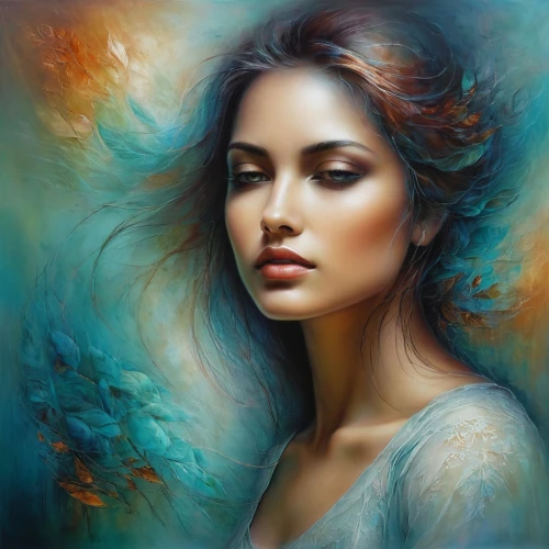 mystical portrait of a girl,romantic portrait,fantasy portrait,world digital painting,bergersen,art painting,fantasy art,young woman,woman portrait,oil painting on canvas,portrait background,bohemian art,girl portrait,artistic portrait,boho art,woman thinking,oil painting,italian painter,woman face,digital art,Conceptual Art,Daily,Daily 32