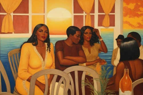 women at cafe,oil on canvas,oil painting on canvas,bluemner,telfair,oil painting,beautiful african american women,church painting,benton,mousseau,barbadians,goudeau,liberians,contemporaries,afro american girls,mcnay,ofili,the coffee shop,wandesforde,pinkard,Illustration,Realistic Fantasy,Realistic Fantasy 21