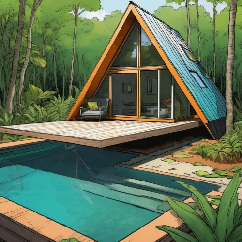 pool house,floating huts,inverted cottage,tropical house,cubic house,grass roof,summer house,summer cottage,prefab,mid century house,electrohome,sketchup,dreamhouse,folding roof,holiday villa,roof landscape,cube house,cabana,deckhouse,luxury property,Illustration,American Style,American Style 03