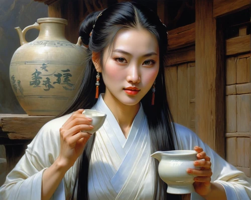 gongfu,woman drinking coffee,daiyu,shizong,tea ceremony,dongbuyeo,korean culture,wenzhao,yinzhen,hanfu,oriental girl,uemura,yanzhao,kunqu,japanese tea,yimou,wuxia,sizhao,rongfeng,oriental painting,Illustration,Realistic Fantasy,Realistic Fantasy 03