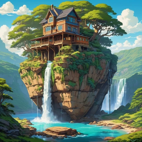 house with lake,house by the water,ghibli,house in mountains,tree house,treehouse,studio ghibli,tree house hotel,house in the mountains,house in the forest,teikoku,floating island,meteora,forest house,island suspended,treehouses,kanto,home landscape,flying island,butka,Photography,General,Realistic