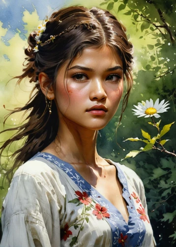 girl in flowers,girl in the garden,girl picking flowers,girl with tree,diwata,young girl,mystical portrait of a girl,fantasy portrait,vietnamese woman,girl picking apples,flower painting,margairaz,liesel,belle,fairie,serafina,faerie,little girl in wind,eglantine,world digital painting,Illustration,Paper based,Paper Based 23