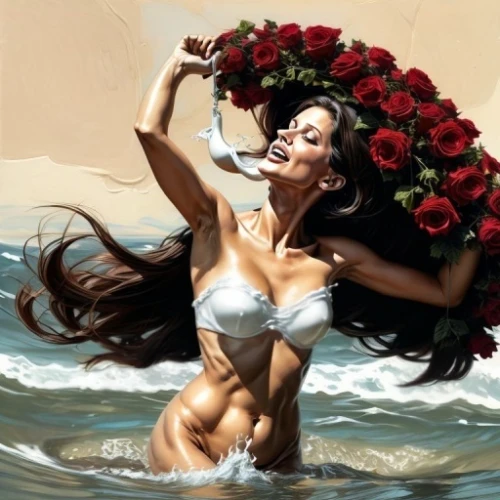 water rose,the sea maid,valentine pin up,valentine day's pin up,with roses,oil painting on canvas,spray roses,red roses,oil painting,water flower,donsky,pin-up girl,sand rose,hula,art painting,seerose,photo painting,water nymph,world digital painting,rose png