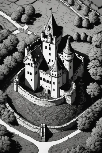 medieval castle,knight's castle,castle,castle keep,castleguard,bethlen castle,templar castle,old castle,castle of the corvin,waldeck castle,bach knights castle,castle complex,burg,castletroy,castel,elminster,taufers castle,dracula castle,castle bran,ravenloft,Illustration,Black and White,Black and White 33