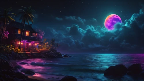 fantasy picture,fantasy landscape,dreamscape,purple moon,purple landscape,sea night,dreamland,ocean paradise,dreamlands,wonderlands,nightscape,dreamscapes,purple wallpaper,majora,delight island,lucid,islet,neverland,tropical house,dreamhouse,Photography,General,Fantasy