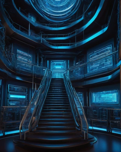 spaceship interior,ufo interior,levator,elevators,sulaco,descent,staircase,stairway,elevator,holodeck,tron,3d background,stairwell,cyberia,staircases,stairs,labyrinthian,polybius,cyberscene,escaleras,Illustration,American Style,American Style 12