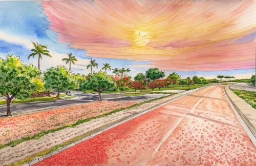 hockney,asphalt road,rosenquist,watercolor palm trees,coastal road,vineyard road,rose drive,road,sanibel,the road to the sea,roadway,bicycle path,gregory highway,hualalai,sand road,kwajalein,empty road,coloradas,watercolor background,watercolor painting,Landscape,Landscape design,Landscape Plan,Watercolor