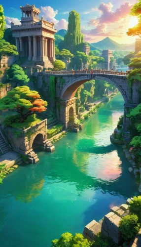 meteora,ancient city,dragon bridge,background with stones,japan landscape,cartoon video game background,kanto,stone bridge,landscape background,scenic bridge,fantasy landscape,adventure bridge,4k wallpaper 1920x1080,beautiful wallpaper,torii,machico,kaitos,seborga,ghibli,french digital background,Illustration,Japanese style,Japanese Style 03