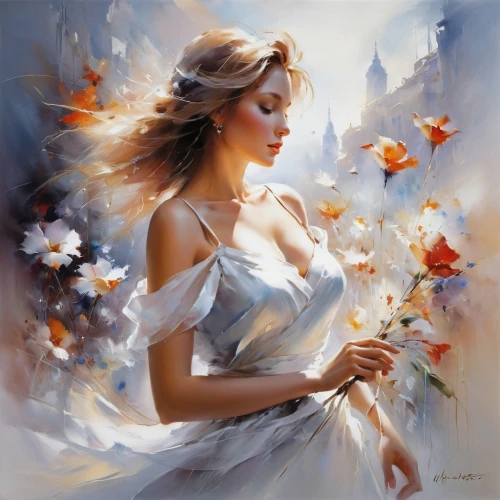 flower painting,splendor of flowers,beautiful girl with flowers,donsky,girl in flowers,perfuming,holding flowers,romantic portrait,art painting,flower girl,white roses,flower art,dussel,scent of jasmine,with a bouquet of flowers,flower fairy,scent of roses,perfumer,beguelin,dmitriev,Conceptual Art,Oil color,Oil Color 03