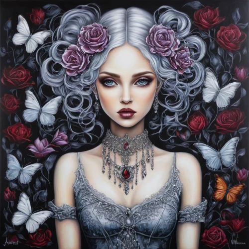 viveros,behenna,vanderhorst,persephone,unseelie,gothic portrait,black rose,wild roses,white rose snow queen,porcelain rose,wild rose,jasinski,immortelle,seelie,baroness,black rose hip,lilith,fantasy art,fantasy portrait,scent of roses,Illustration,Abstract Fantasy,Abstract Fantasy 14