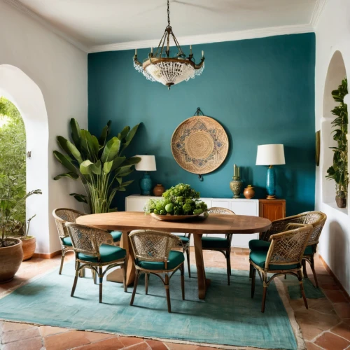 dining room table,dining table,color turquoise,turquoise wool,turquoise leather,tropical greens,breakfast room,dining room,interior decor,berkus,palmilla,turquoise,moroccan pattern,spanish tile,antique table,philodendron,trend color,contemporary decor,interior design,interior decoration,Photography,Documentary Photography,Documentary Photography 14