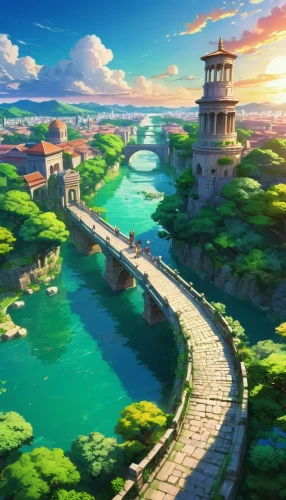 kanto,meteora,ancient city,dragon bridge,machico,yazaki,adventure bridge,scenic bridge,yoshikuni,fantasy landscape,landscape background,ghibli,japan landscape,kaitos,nakama,background with stones,beautiful wallpaper,miyazaki,city gate,teikoku,Illustration,Japanese style,Japanese Style 03