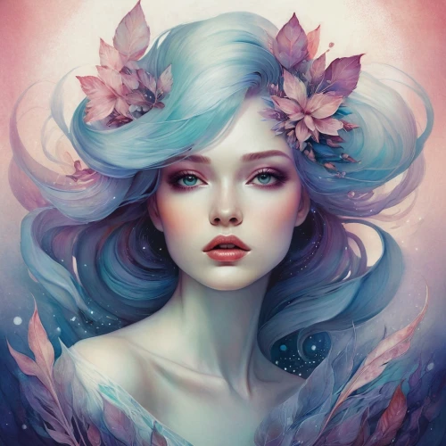 fantasy portrait,flower fairy,persephone,faerie,faery,lilac blossom,flora,mystical portrait of a girl,mermaid vectors,gardenias,fairy queen,fairie,undine,magnolia,mermaid background,kommuna,diwata,elven flower,fantasy art,naiad,Illustration,Realistic Fantasy,Realistic Fantasy 15