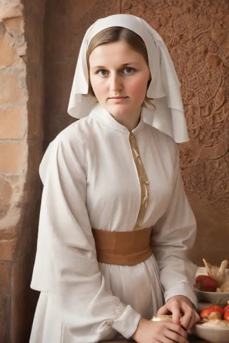 nunsense,maidservant,novitiate,kirtle,clergywoman,chambermaid,girl in a historic way,postulant,abbess,mennonites,woman holding pie,hutterite,mennonite,hutterites,carolingians,lutheranism,suster,the prophet mary,miniaturist,girl with bread-and-butter,Photography,Realistic