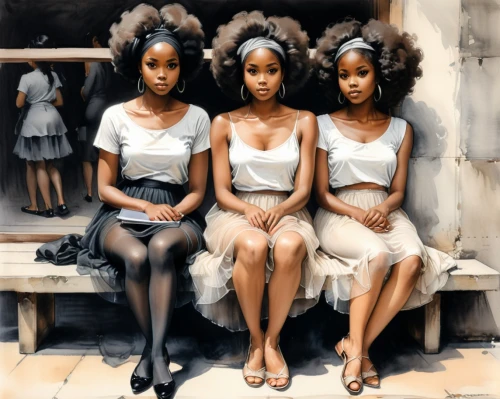 afro american girls,beautiful african american women,shirelles,ronettes,colorization,nubians,marvelettes,vandellas,priestesses,countesses,empresses,afrocentrism,supremes,canonesses,chagossians,colorizing,colorism,dreamgirls,vintage girls,matriarchs,Illustration,Paper based,Paper Based 30