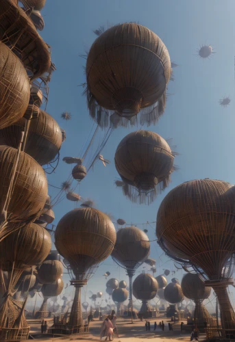 airships,mushroom landscape,flying seeds,mushroom island,heliborne,wastelands,mandelbulb,dirigibles,airship,parasols,cryengine,parachuters,balloonists,cloud atlas,parachutists,harvestable,balloon fiesta,cosmodrome,secunda,ecotopia